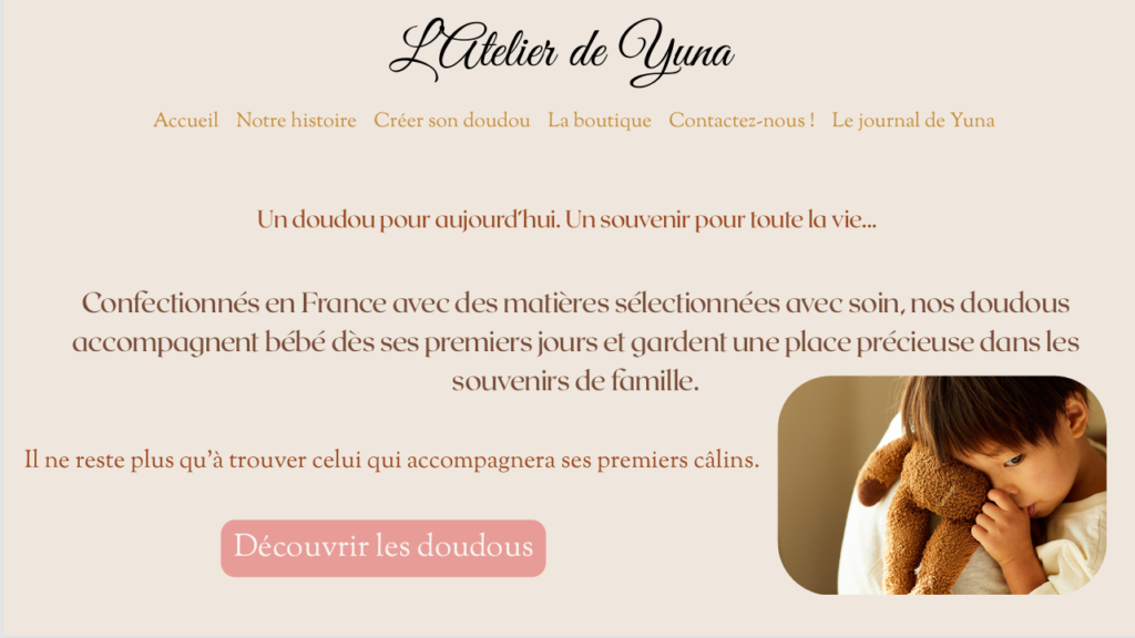 Aperçu de la page d’accueil fictive de L’Atelier de Yuna