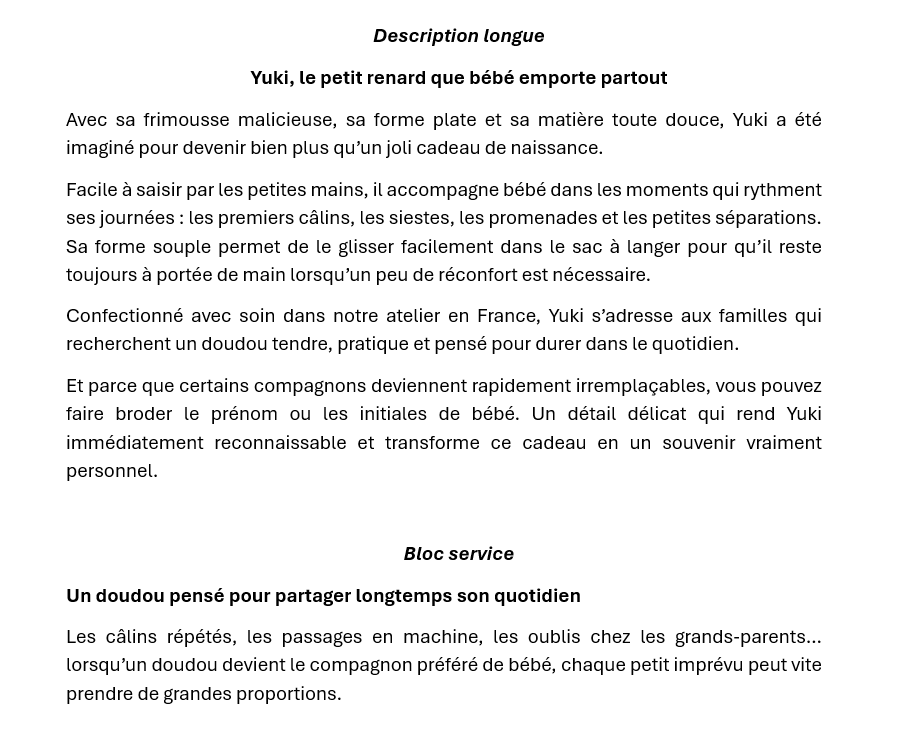 Extrait du livrable de copywriting pour la fiche produit de Yuki le Renard
