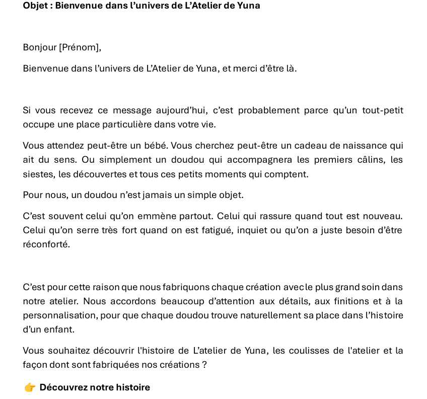 Extraits de l’email de bienvenue et de la newsletter de L’Atelier de Yuna