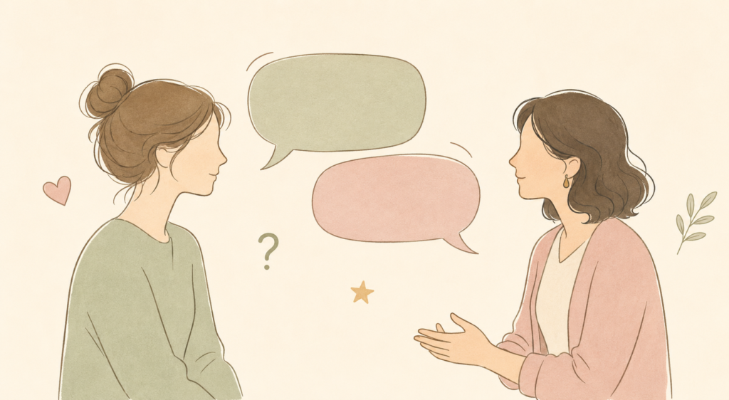 Illustration d’un échange bienveillant entre un parent et une professionnelle de la petite enfance