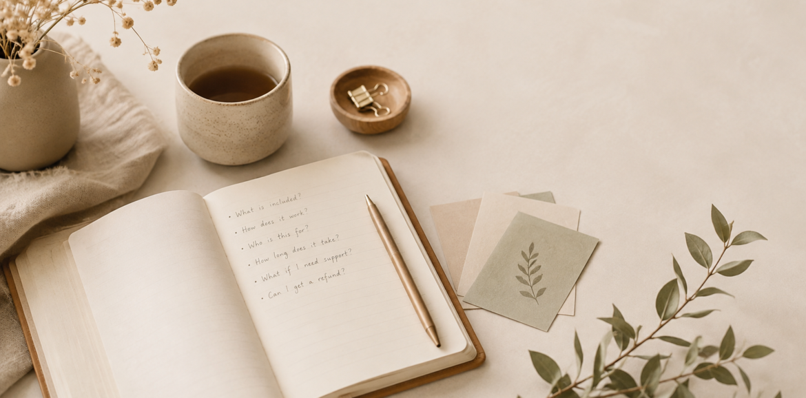 Carnet ouvert avec une liste de questions, illustrant la création d’une FAQ claire sur un site internet