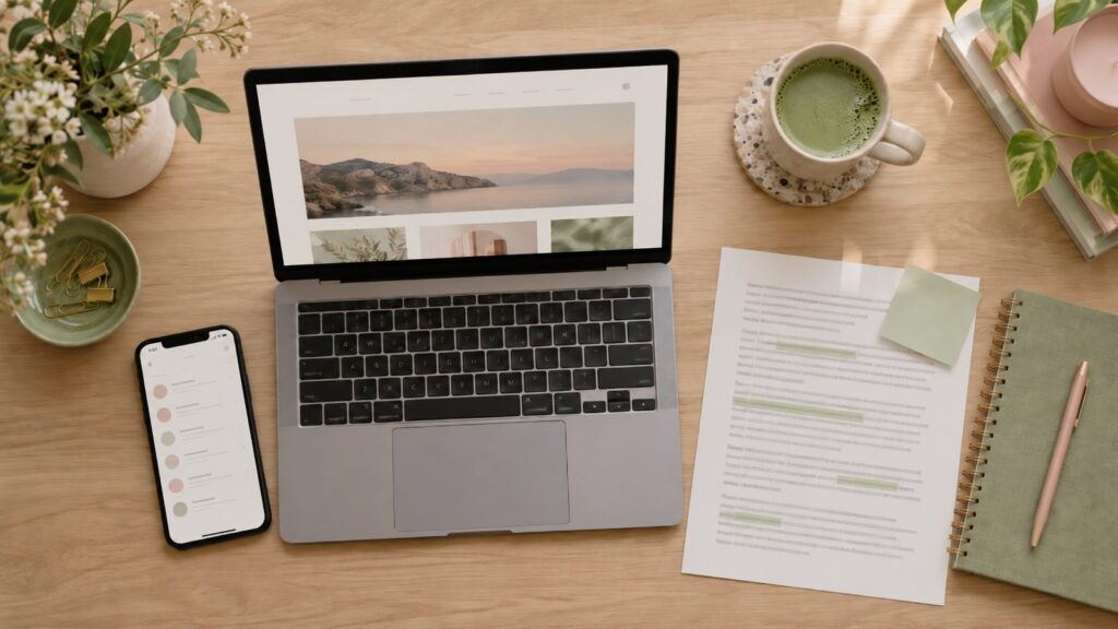 Texte alternatif : Bureau en bois clair avec un ordinateur ouvert sur une page d'accueil, un téléphone affichant des emails et une feuille de texte surlignée avec un post-it.